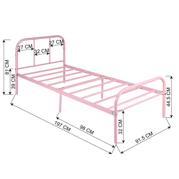 Furniture R Cadre de Lit Simple en Métal, avec Tête et Pied de lit, Base en Fer Solide pour Enfants ou Adolescents, Maison, Dortoir D'étudiants, Chambre d'enfants, Rose