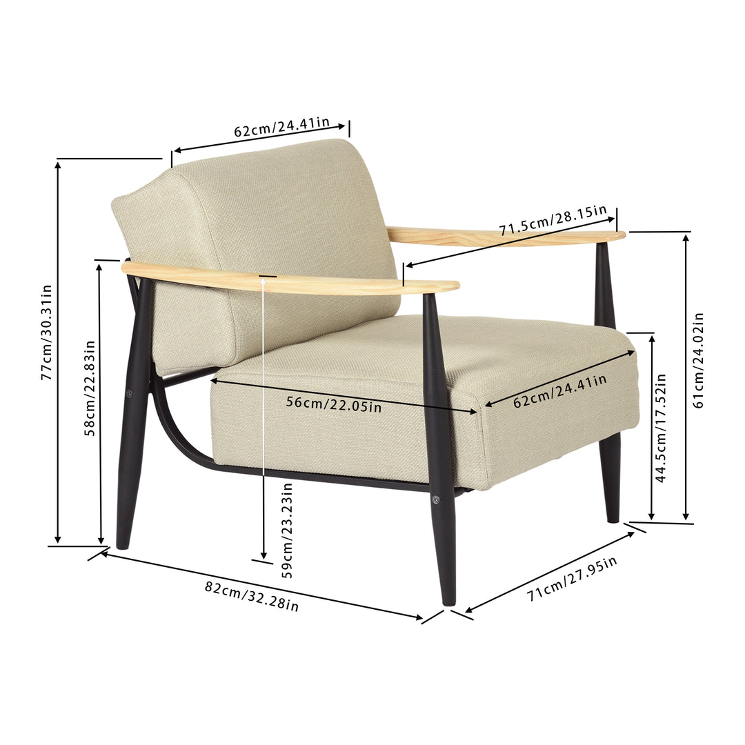 FurnitureR Mid-Century Modern Accent Chair, Beige Upholstered Armchair with Solid Oak Frame, Comfy Reading Chair for Living Room, Bedroom, Office