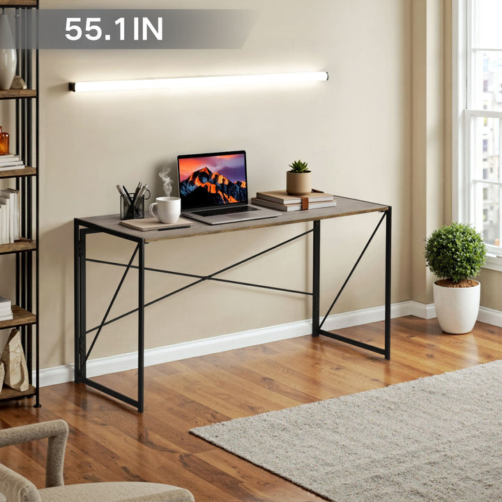 FurnitureR Foldable Industrial Desk with Rustic Wood Grain Top,Sturdy Metal Frame, Space-Saving Design for Home Office, Study, Dorm, Apartments