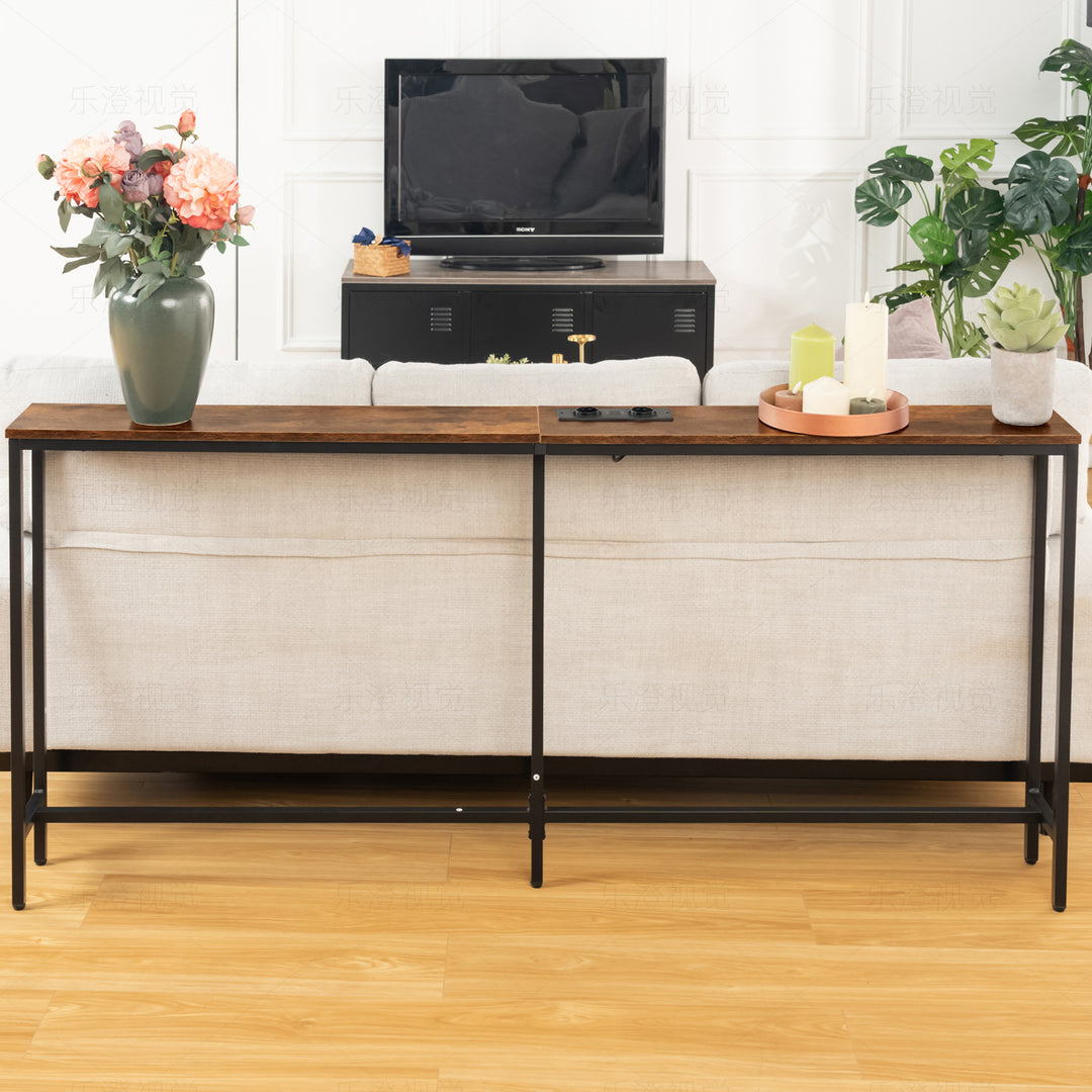 Furniture R L180cm Console Charging Station, Slim, Industrial Entrance with 2 USB Ports, Narrow Sofa Side Table for Entryway, Hallway, Living Room, Office Rustic Brown, Metal