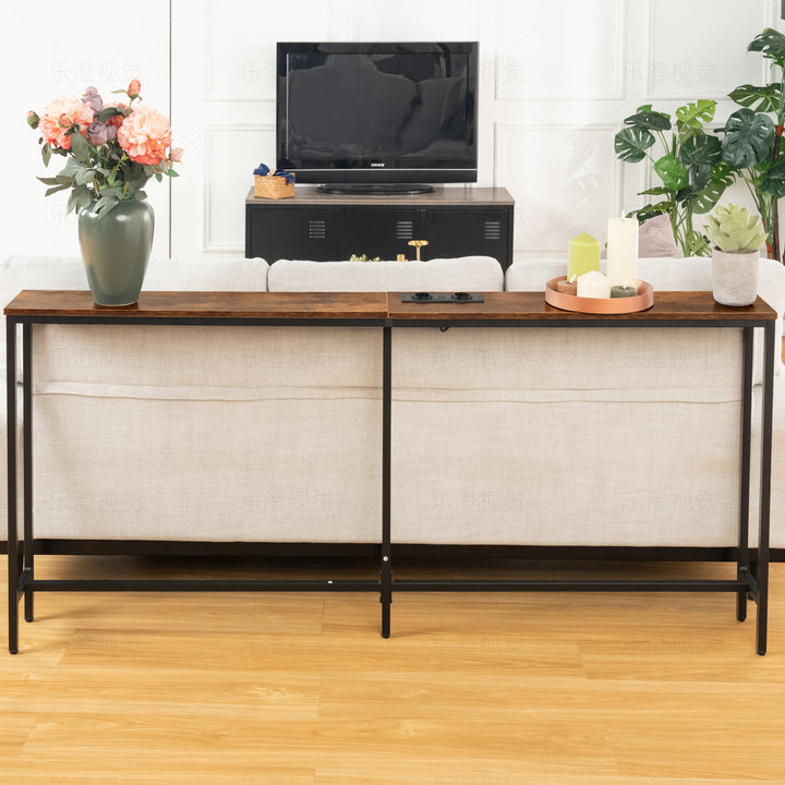 Furniture R L180cm Console Charging Station, Slim, Industrial Entrance with 2 USB Ports, Narrow Sofa Side Table for Entryway, Hallway, Living Room, Office Rustic Brown, Metal