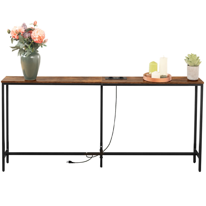 Furniture R L180cm Console Charging Station, Slim, Industrial Entrance with 2 USB Ports, Narrow Sofa Side Table for Entryway, Hallway, Living Room, Office Rustic Brown, Metal