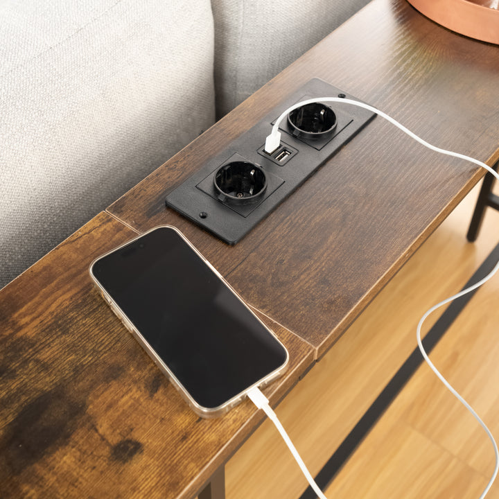 Furniture R L180cm Console Charging Station, Slim, Industrial Entrance with 2 USB Ports, Narrow Sofa Side Table for Entryway, Hallway, Living Room, Office Rustic Brown, Metal