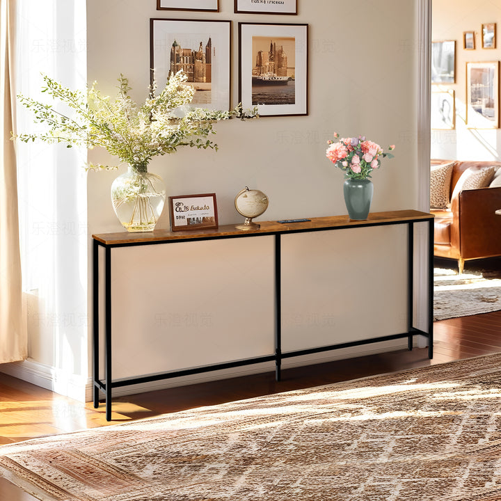 Furniture R L180cm Console Charging Station, Slim, Industrial Entrance with 2 USB Ports, Narrow Sofa Side Table for Entryway, Hallway, Living Room, Office Rustic Brown, Metal
