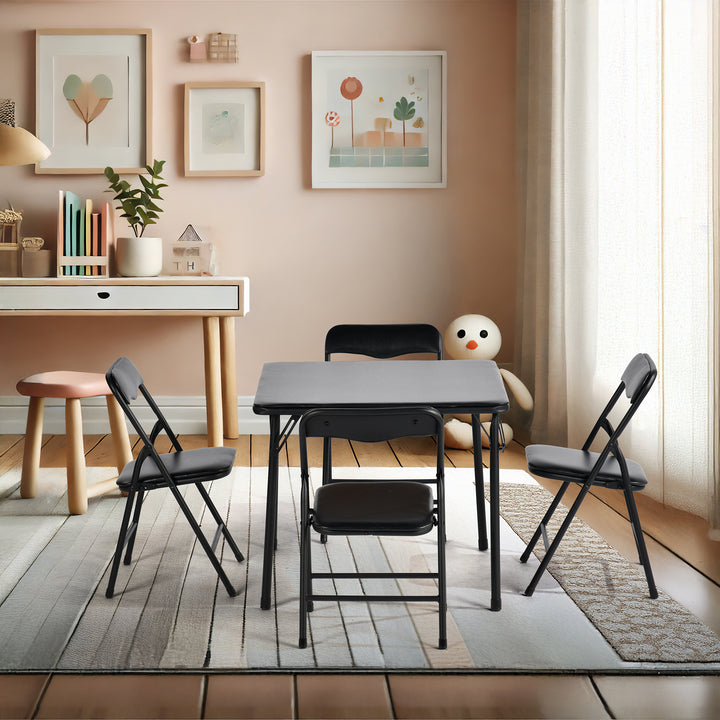 Ensemble table et chaises pliantes pour enfants FurnitureR 5 pièces, petite table carrée et 4 chaises, assises rembourrées en PVC, idéal pour les activités préscolaires, noir
