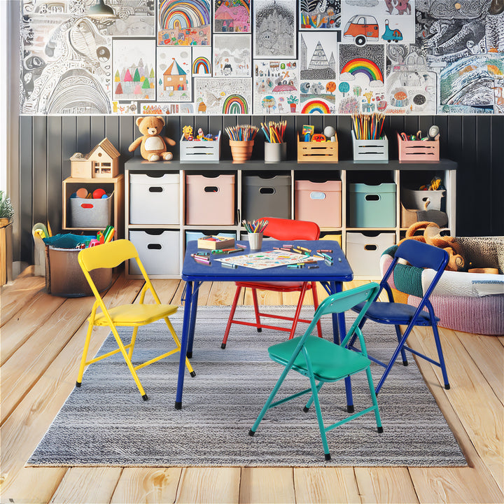 Furniture R 5PCS-Children's Table and Chair Sets, Vibrant Coloured Foldable Upholstered Seats, Portable Metal Base for Bedroom and Daycare Classroom, Playrooms, Easy-Clean Surface, 61x61x50CM