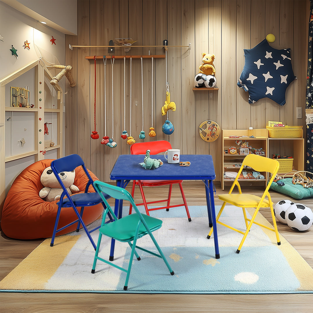Furniture R 5PCS-Children's Table and Chair Sets, Vibrant Coloured Foldable Upholstered Seats, Portable Metal Base for Bedroom and Daycare Classroom, Playrooms, Easy-Clean Surface, 61x61x50CM
