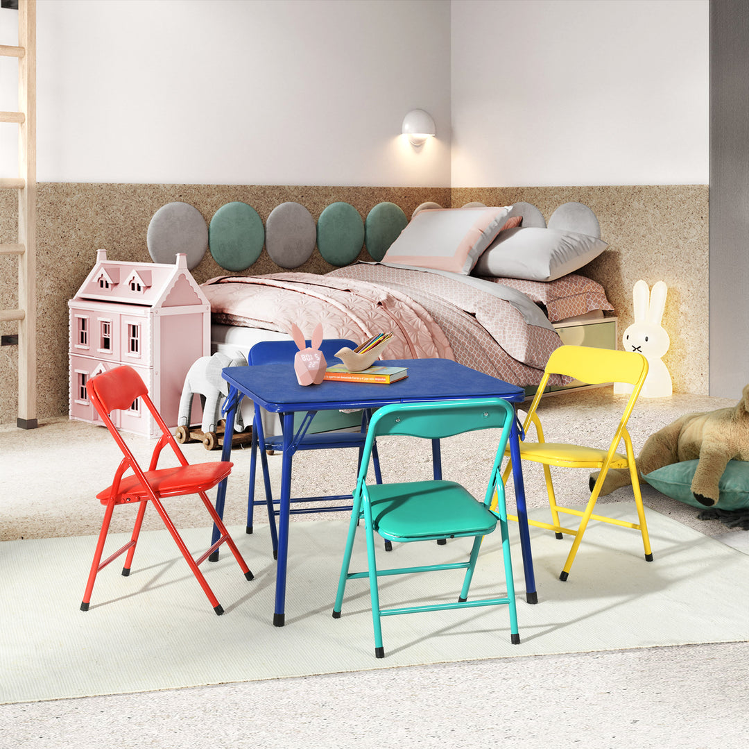 Furniture R 5PCS-Children's Table and Chair Sets, Vibrant Coloured Foldable Upholstered Seats, Portable Metal Base for Bedroom and Daycare Classroom, Playrooms, Easy-Clean Surface, 61x61x50CM