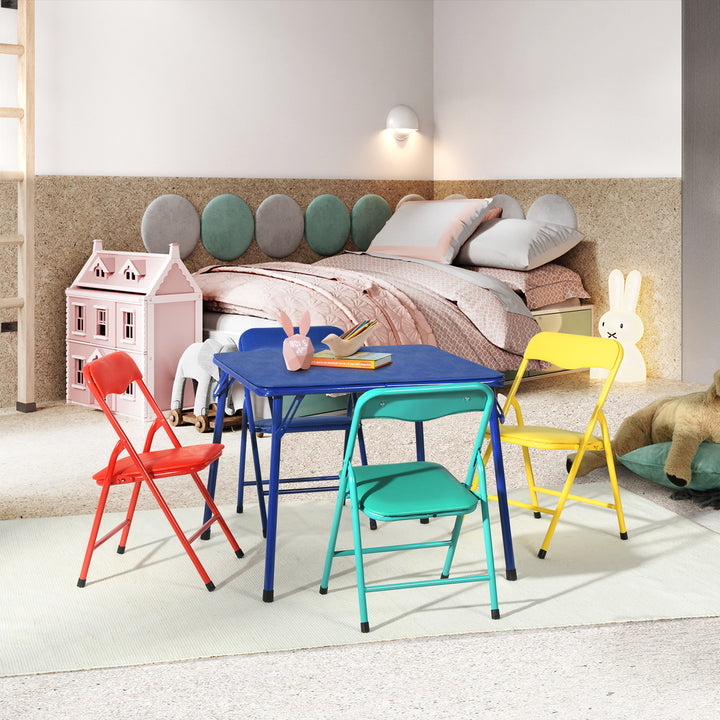 Furniture R 5PCS-Children's Table and Chair Sets, Vibrant Coloured Foldable Upholstered Seats, Portable Metal Base for Bedroom and Daycare Classroom, Playrooms, Easy-Clean Surface, 61x61x50CM