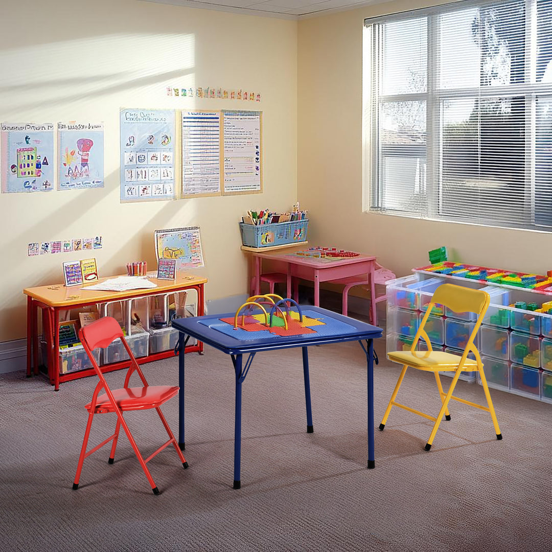 Furniture R 5PCS-Children's Table and Chair Sets, Vibrant Coloured Foldable Upholstered Seats, Portable Metal Base for Bedroom and Daycare Classroom, Playrooms, Easy-Clean Surface, 61x61x50CM