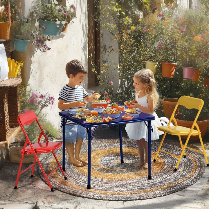 Furniture R 5PCS-Children's Table and Chair Sets, Vibrant Coloured Foldable Upholstered Seats, Portable Metal Base for Bedroom and Daycare Classroom, Playrooms, Easy-Clean Surface, 61x61x50CM