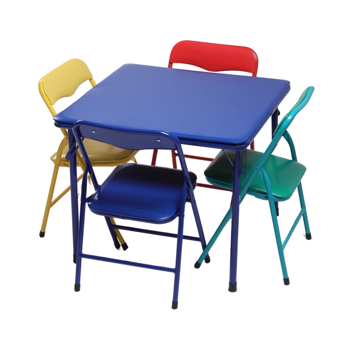 Furniture R 5PCS-Children's Table and Chair Sets, Vibrant Coloured Foldable Upholstered Seats, Portable Metal Base for Bedroom and Daycare Classroom, Playrooms, Easy-Clean Surface, 61x61x50CM