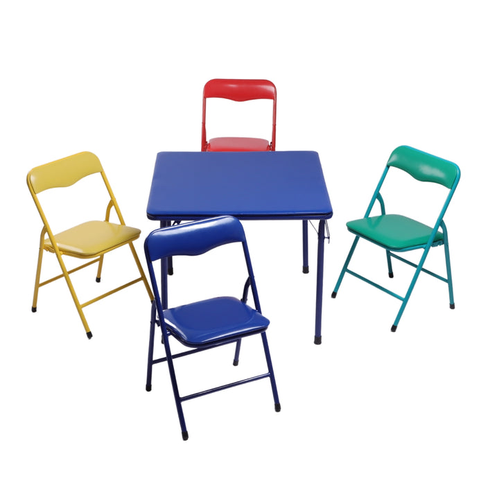 Furniture R 5PCS-Children's Table and Chair Sets, Vibrant Coloured Foldable Upholstered Seats, Portable Metal Base for Bedroom and Daycare Classroom, Playrooms, Easy-Clean Surface, 61x61x50CM