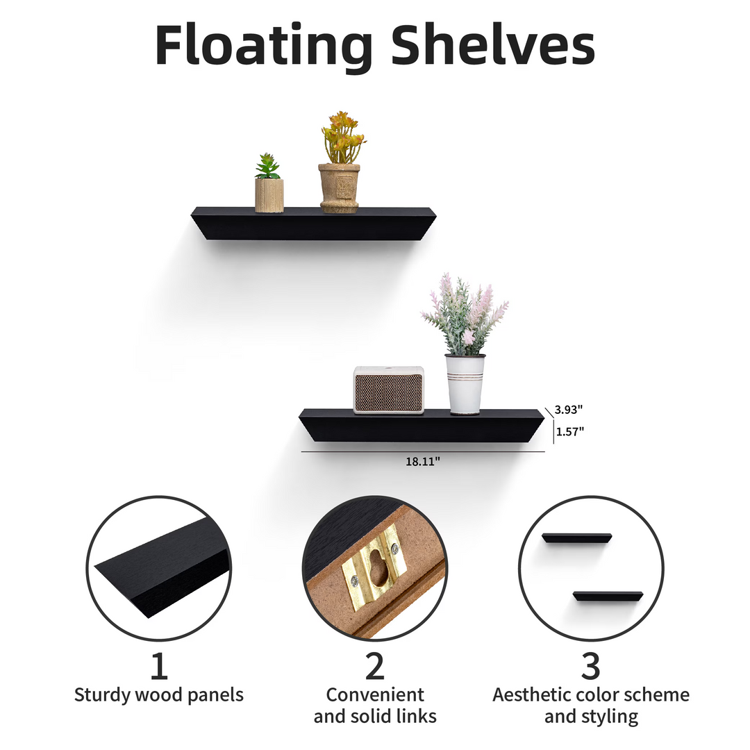 FurnitureR 2 Pack Floating Shelves FurnitureR, Black MDF Wood Wall Shelves for Home Decor & Storage, Ideal for Bedroom, Living Room, Bathroom, Kitchen