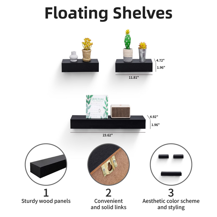 FurnitureR 3 Pack Floating Shelves, Black MDF Wood Wall Shelves for Home Decor & Storage, Ideal for Bedroom, Living Room, Bathroom, Kitchen, Office