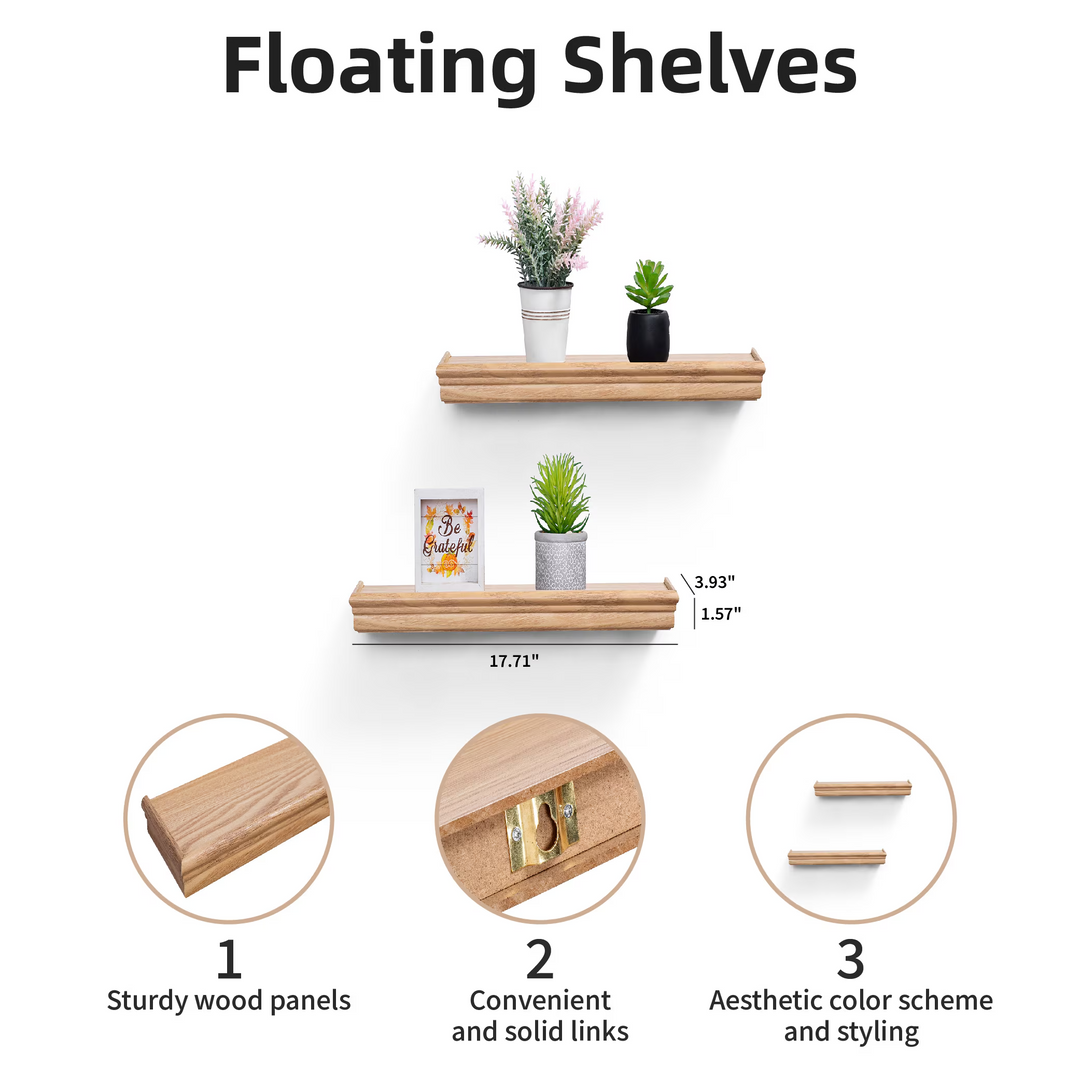 FurnitureR 2 Pack Floating Shelves, Natural Wood Tone MDF Wall Shelves for Home Decor & Storage, Perfect for Bedroom, Living Room, Bathroom, Kitchen