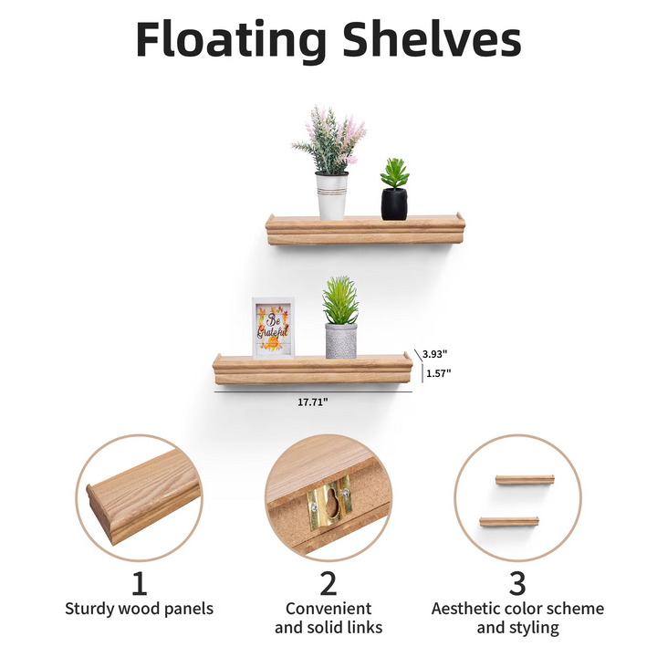 FurnitureR 2 Pack Floating Shelves, Natural Wood Tone MDF Wall Shelves for Home Decor & Storage, Perfect for Bedroom, Living Room, Bathroom, Kitchen