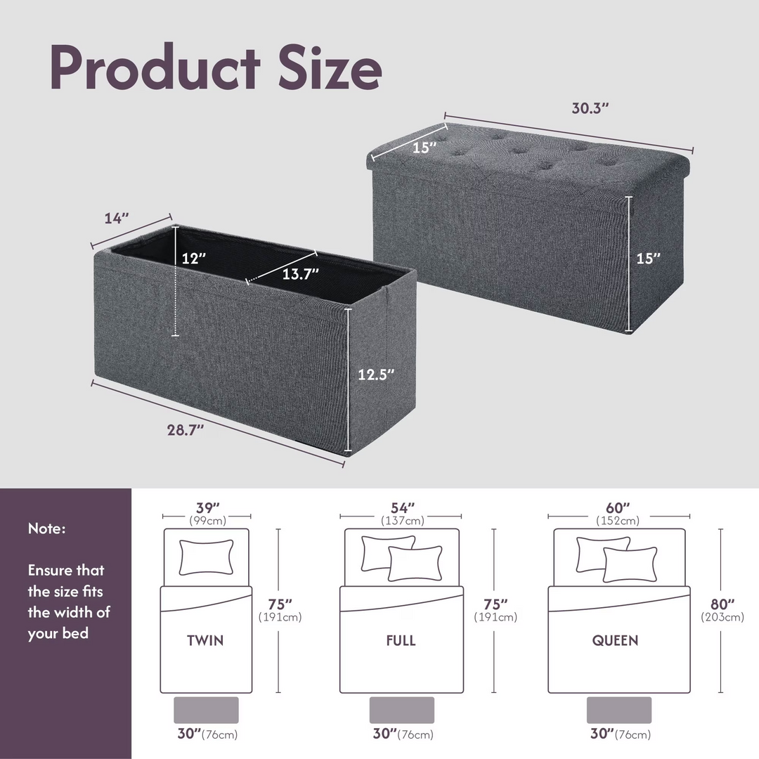 FurnitureR Foldable Storage Ottoman Bench, 30.3" Linen Fabric Tufted Ottoman with Storage, Ottoman for Bedroom Living Room, Footrest Seat with Storage