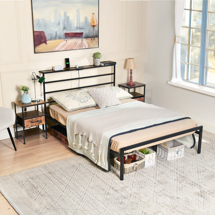 Cadre de lit double en métal FurnitureR avec éclairage LED et station de recharge, tête et pied de lit Iron-Art, étagères de rangement, rangement sous le lit