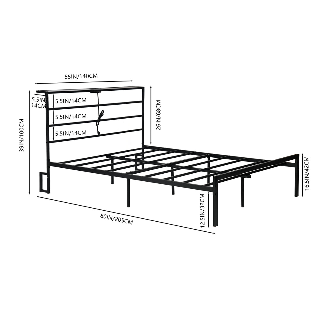 Cadre de lit double en métal FurnitureR avec éclairage LED et station de recharge, tête et pied de lit Iron-Art, étagères de rangement, rangement sous le lit