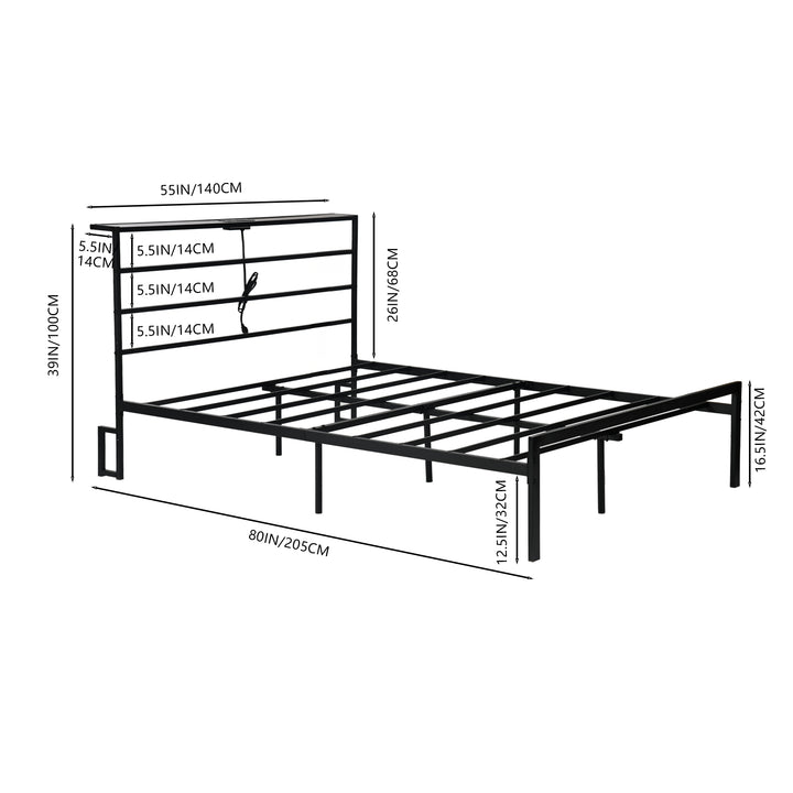 Cadre de lit double en métal FurnitureR avec éclairage LED et station de recharge, tête et pied de lit Iron-Art, étagères de rangement, rangement sous le lit