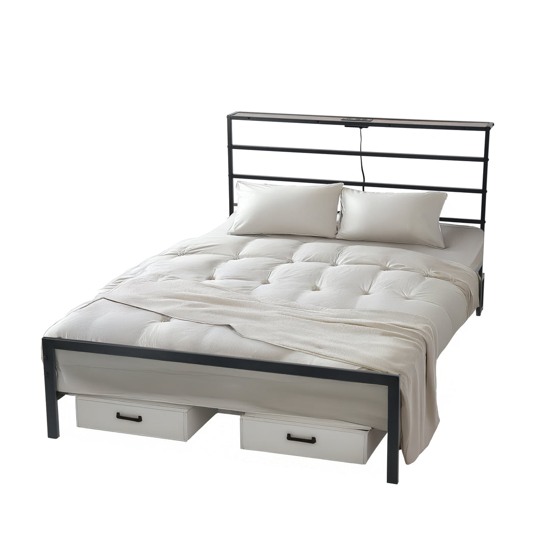 Cadre de lit double en métal FurnitureR avec éclairage LED et station de recharge, tête et pied de lit Iron-Art, étagères de rangement, rangement sous le lit