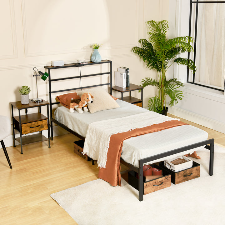 FurnitureR Metallbettgestell (Einzelbett) mit LED-Beleuchtung und Ladestation, Matratzenunterlage, Kopf- und Fußteil aus Eisen, Ablagefächern, Schwarz