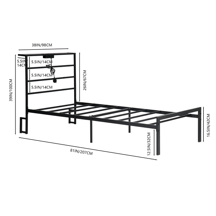 FurnitureR Metallbettgestell (Einzelbett) mit LED-Beleuchtung und Ladestation, Matratzenunterlage, Kopf- und Fußteil aus Eisen, Ablagefächern, Schwarz