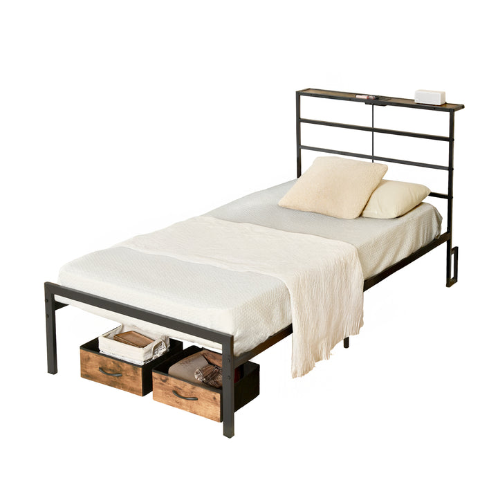 FurnitureR Metallbettgestell (Einzelbett) mit LED-Beleuchtung und Ladestation, Matratzenunterlage, Kopf- und Fußteil aus Eisen, Ablagefächern, Schwarz