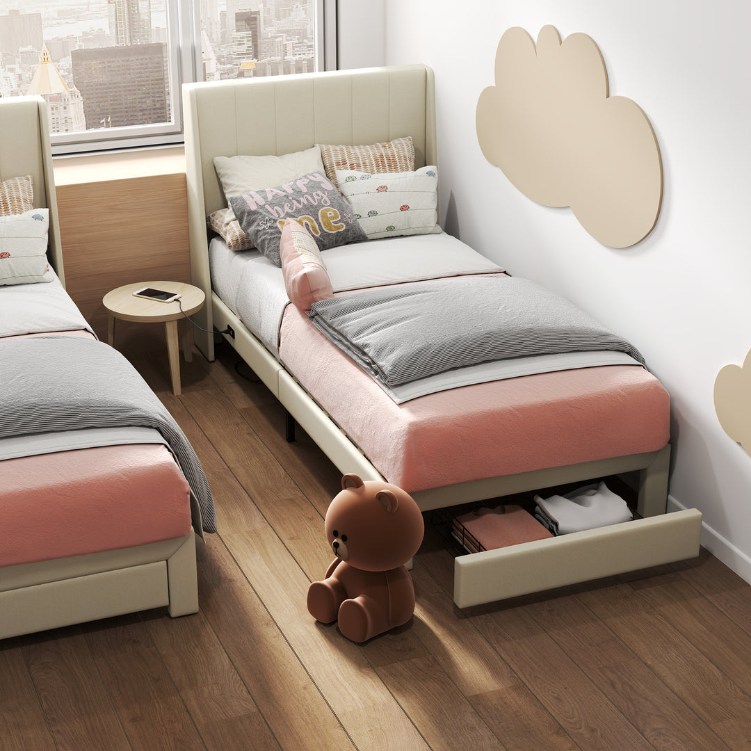 Cadre de lit simple FurnitureR, petit lit rembourré, tête de lit en tissu, sommier à lattes en bois, matelas rembourré, beige