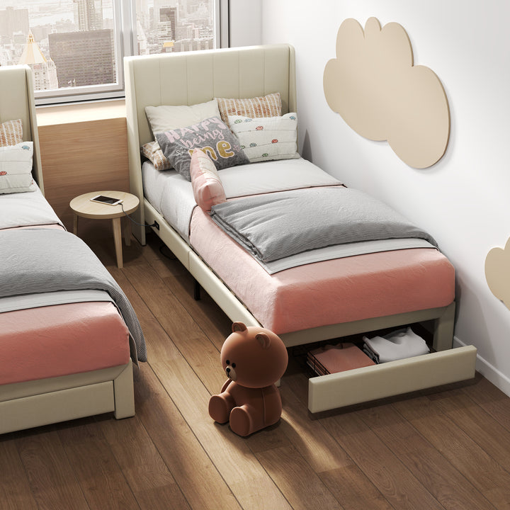 Cadre de lit simple FurnitureR, petit lit rembourré, tête de lit en tissu, sommier à lattes en bois, matelas rembourré, beige