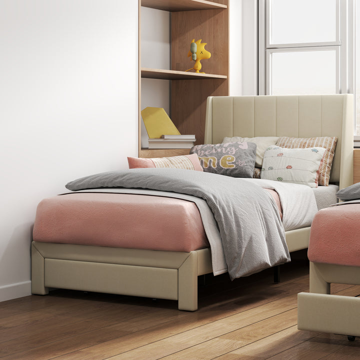 Cadre de lit simple FurnitureR, petit lit rembourré, tête de lit en tissu, sommier à lattes en bois, matelas rembourré, beige