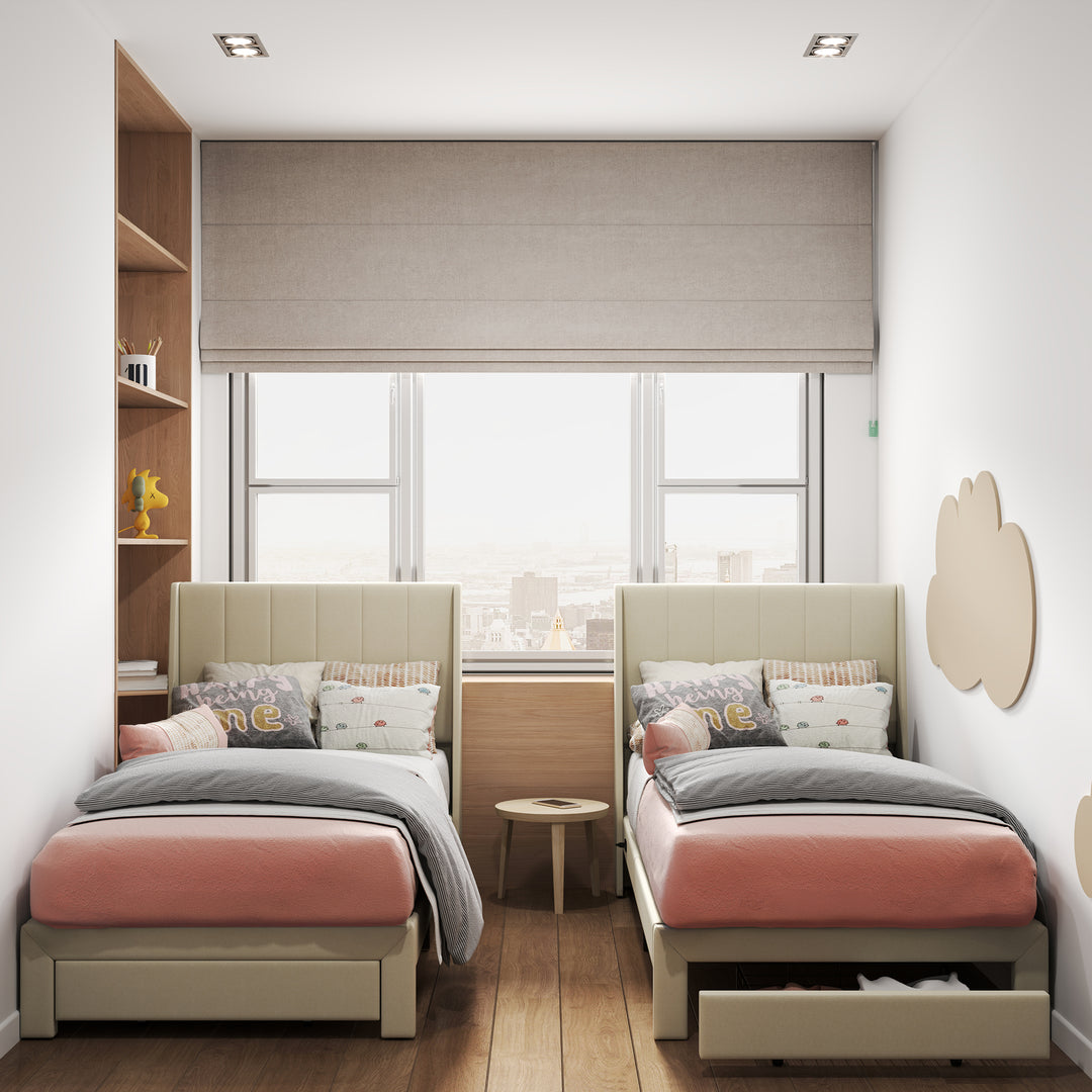 Cadre de lit simple FurnitureR, petit lit rembourré, tête de lit en tissu, sommier à lattes en bois, matelas rembourré, beige