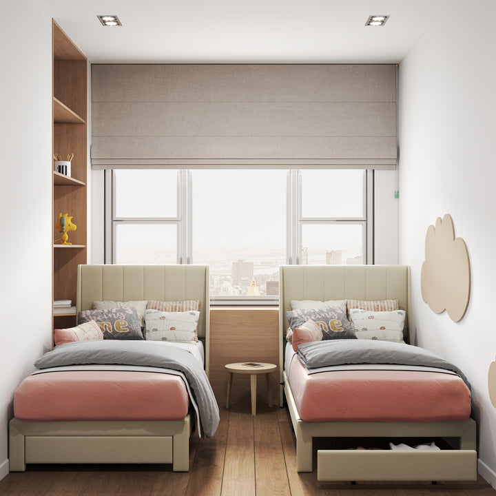 Cadre de lit simple FurnitureR, petit lit rembourré, tête de lit en tissu, sommier à lattes en bois, matelas rembourré, beige