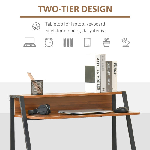 FurnitureR Bureau Informatique avec Compartiment de Rangement et Passage de Câbles, Métal Noyer, Espace de Travail Unique