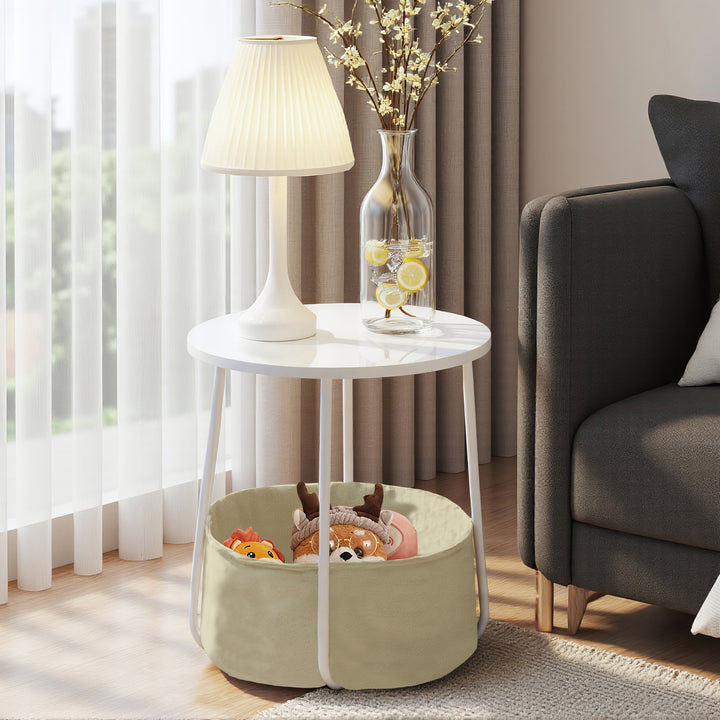 FurnitureR Table de Bout de Canapé Ronde avec Panier en Tissu, Rangement pour Salon, Chambre à Coucher, Table de Chevet, Style Moderne avec MDF Blanc, Cadre en Métal, 45 x 45 x 50.5cm