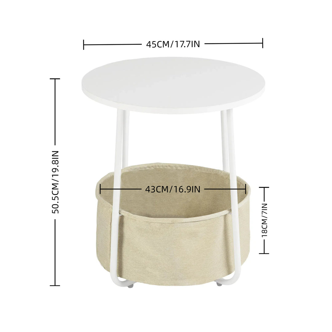 FurnitureR Table de Bout de Canapé Ronde avec Panier en Tissu, Rangement pour Salon, Chambre à Coucher, Table de Chevet, Style Moderne avec MDF Blanc, Cadre en Métal, 45 x 45 x 50.5cm