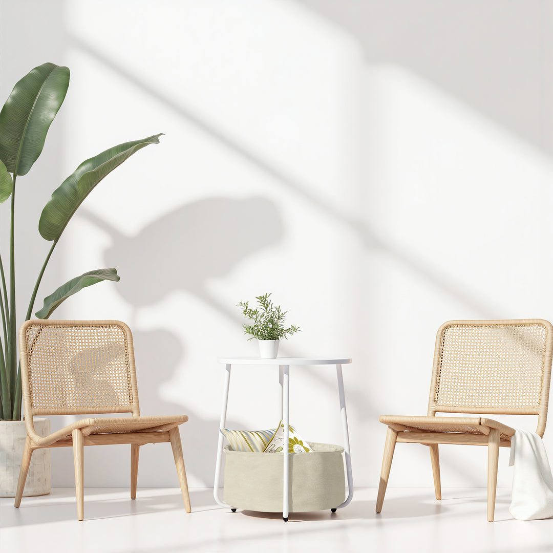FurnitureR Table de Bout de Canapé Ronde avec Panier en Tissu, Rangement pour Salon, Chambre à Coucher, Table de Chevet, Style Moderne avec MDF Blanc, Cadre en Métal, 45 x 45 x 50.5cm