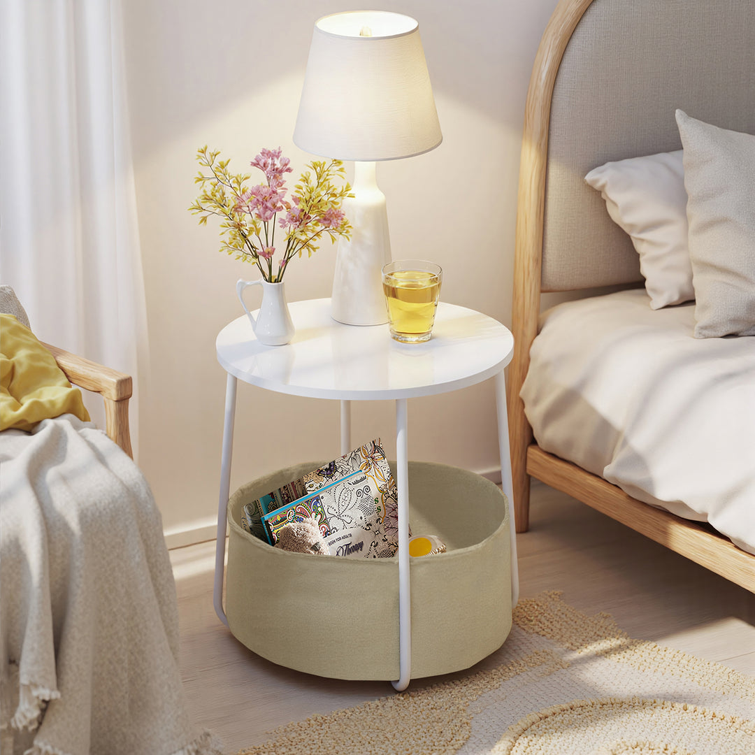 FurnitureR Table de Bout de Canapé Ronde avec Panier en Tissu, Rangement pour Salon, Chambre à Coucher, Table de Chevet, Style Moderne avec MDF Blanc, Cadre en Métal, 45 x 45 x 50.5cm