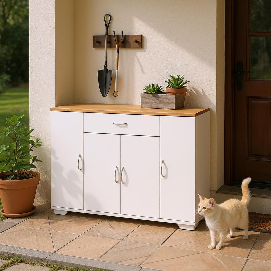 FurnitureR Buffet de ferme avec tiroirs et étagères, armoire de rangement en bois pour cuisine, salle à manger, salon, blanc