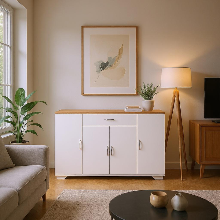 FurnitureR Buffet de ferme avec tiroirs et étagères, armoire de rangement en bois pour cuisine, salle à manger, salon, blanc