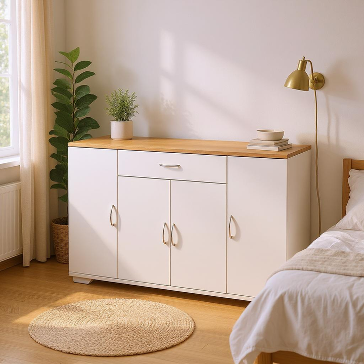 FurnitureR Buffet de ferme avec tiroirs et étagères, armoire de rangement en bois pour cuisine, salle à manger, salon, blanc