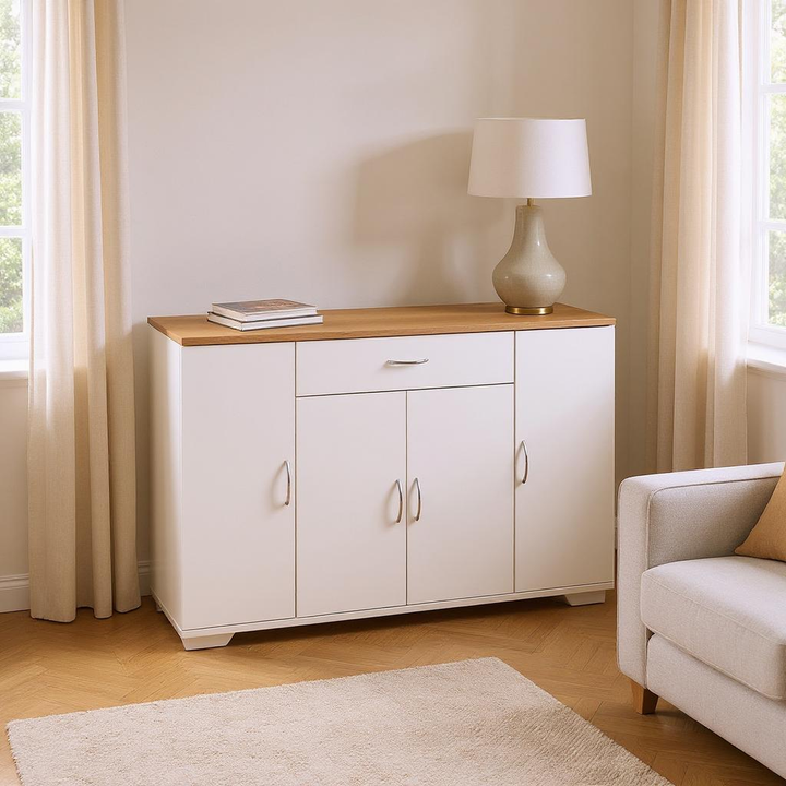 FurnitureR Buffet de ferme avec tiroirs et étagères, armoire de rangement en bois pour cuisine, salle à manger, salon, blanc