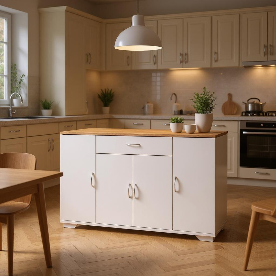 FurnitureR Buffet de ferme avec tiroirs et étagères, armoire de rangement en bois pour cuisine, salle à manger, salon, blanc