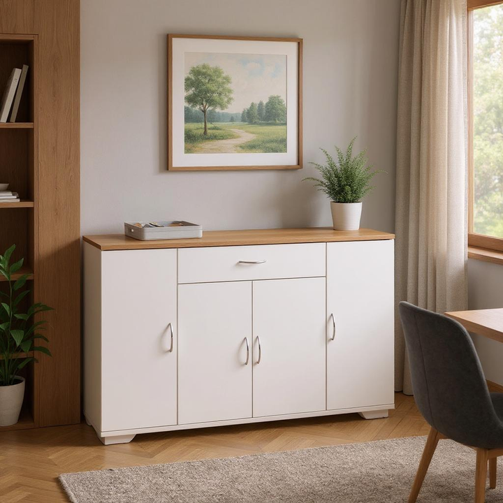 FurnitureR Buffet de ferme avec tiroirs et étagères, armoire de rangement en bois pour cuisine, salle à manger, salon, blanc