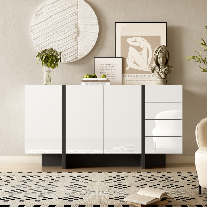 FurnitureR Buffet de Rangement Sous L'escalier - Haute Brillance, 2 Portes et 4 Tiroirs, Blanc et Noir, 150 x 40 x 80.5cm