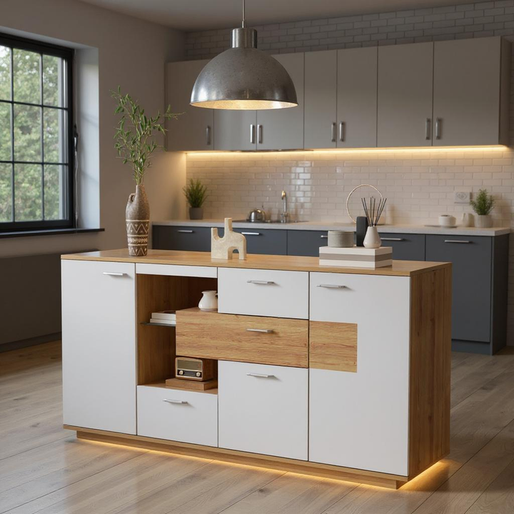 FurnitureR Meuble Sous Escalier, Armoire de Rangement, avec Eclairage LED et Etagères en Verre Réglables, 160 cm