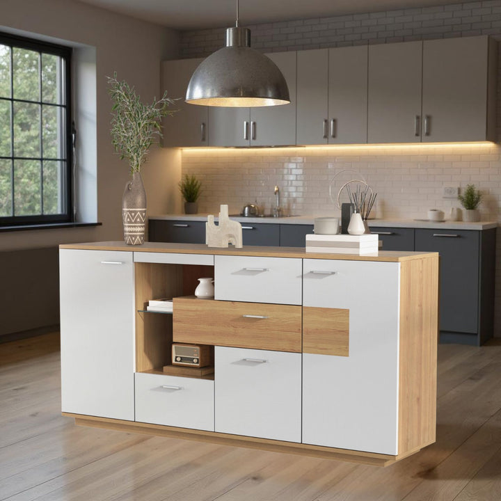 FurnitureR Meuble Sous Escalier, Armoire de Rangement, avec Eclairage LED et Etagères en Verre Réglables, 160 cm