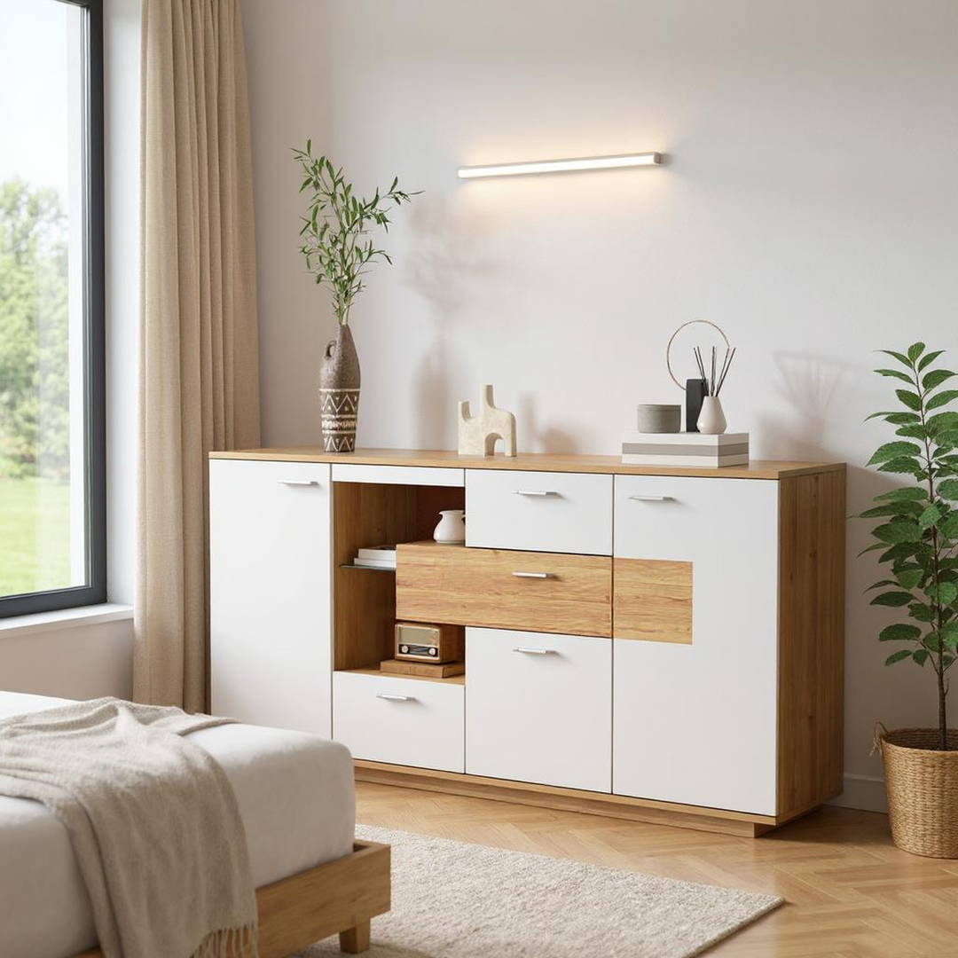 FurnitureR Meuble Sous Escalier, Armoire de Rangement, avec Eclairage LED et Etagères en Verre Réglables, 160 cm