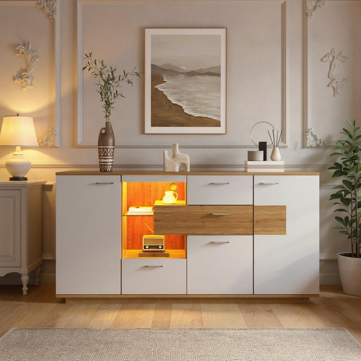 FurnitureR Meuble Sous Escalier, Armoire de Rangement, avec Eclairage LED et Etagères en Verre Réglables, 160 cm